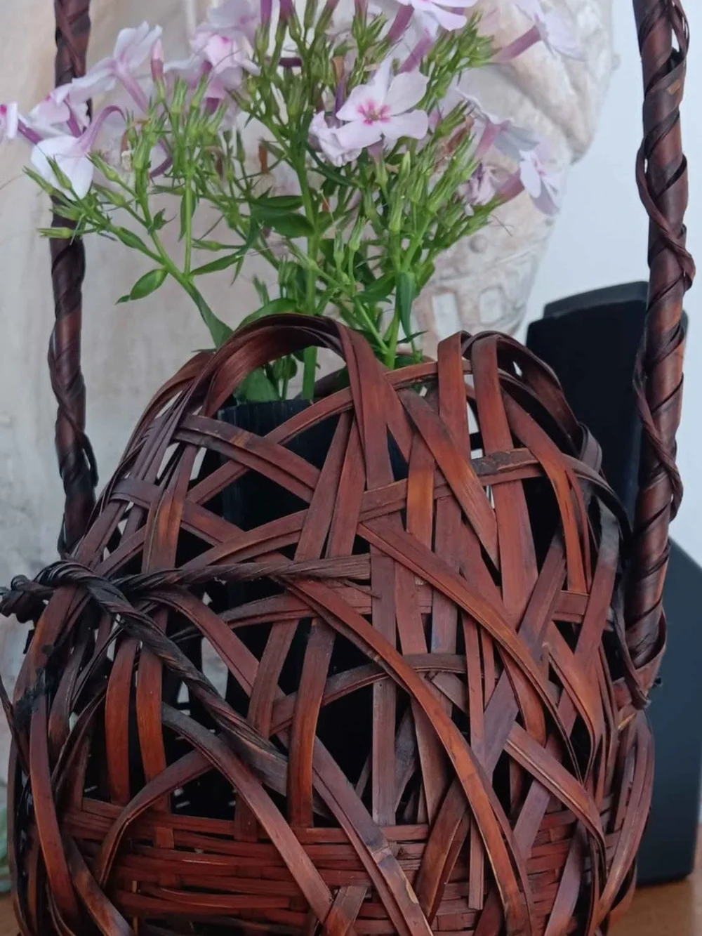 Antique Japanese Hanakago Bamboo Basket Ikebana With Handle